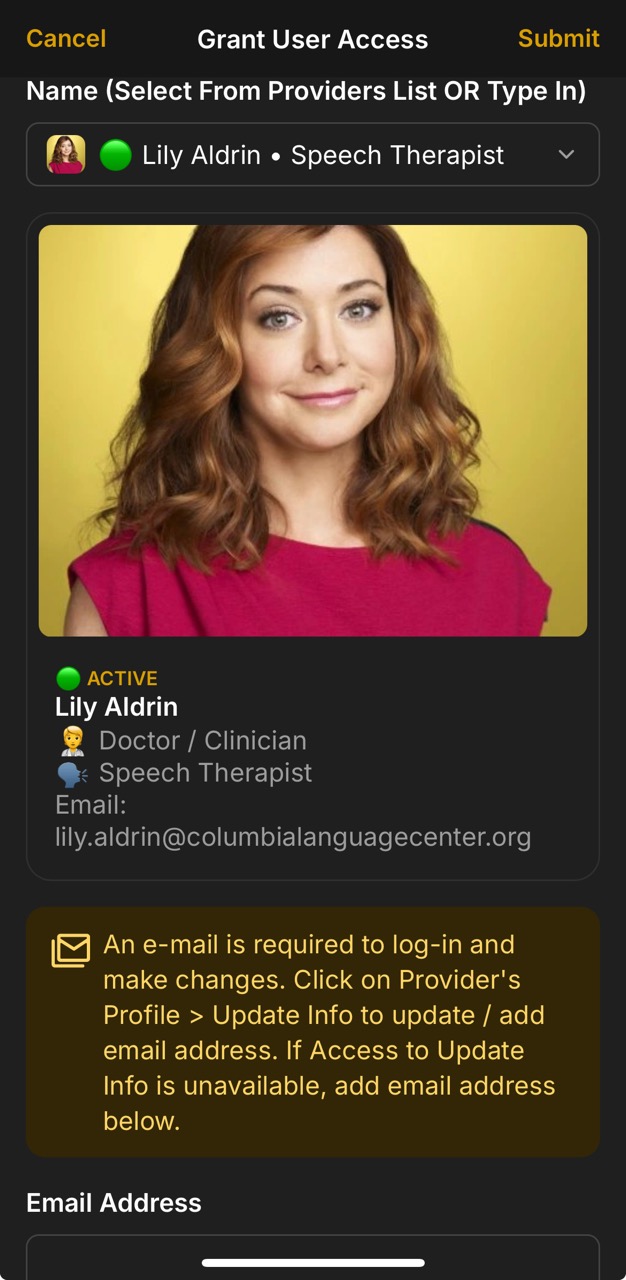 Grant User Access Page (Provider Lily Aldrin Selected)
